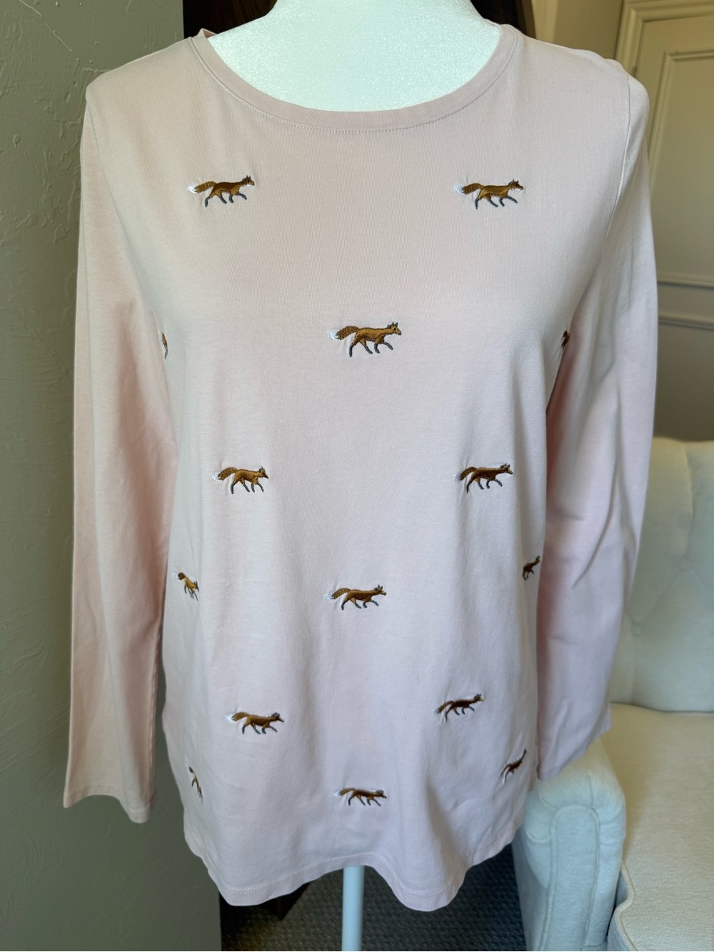 Talbots Embroidered Fox Long Sleeve Cotton Top Pink Large Woodland Preppy